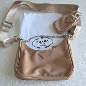 Nude-Beige Nylon Shoulder Bag with Logo Triangle and Removable Strap Pouch